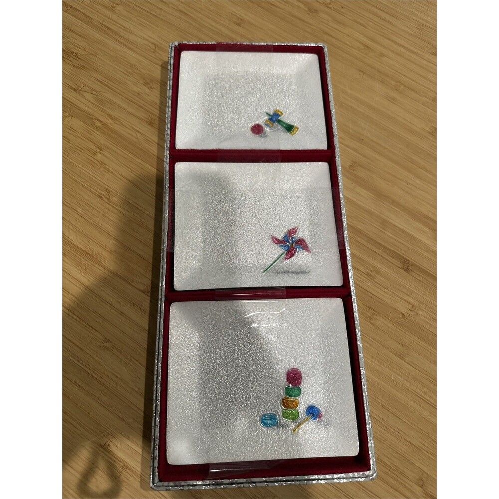 VTG NIB Japanese Cloisonne Gift Box Set of 3 Fused Art Glass Plates Dishes